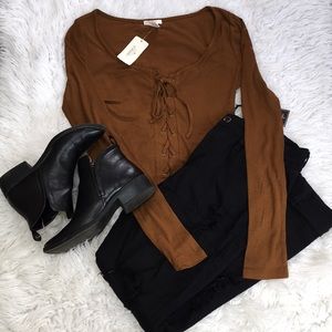 F21 BURNT BROWN LACE FRONT LONG SLEEVE TOP